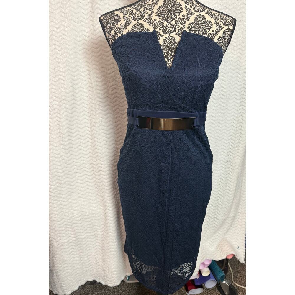 Jasmine XL strapless Navy Blue lace dress, gold metal waist accent